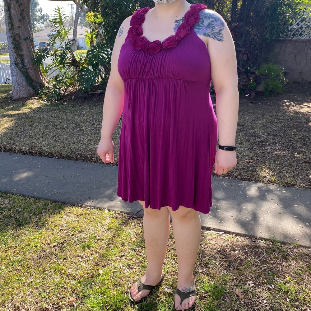Vintage 2000s Pink Purple Berry Colored Floral Neckline Dress